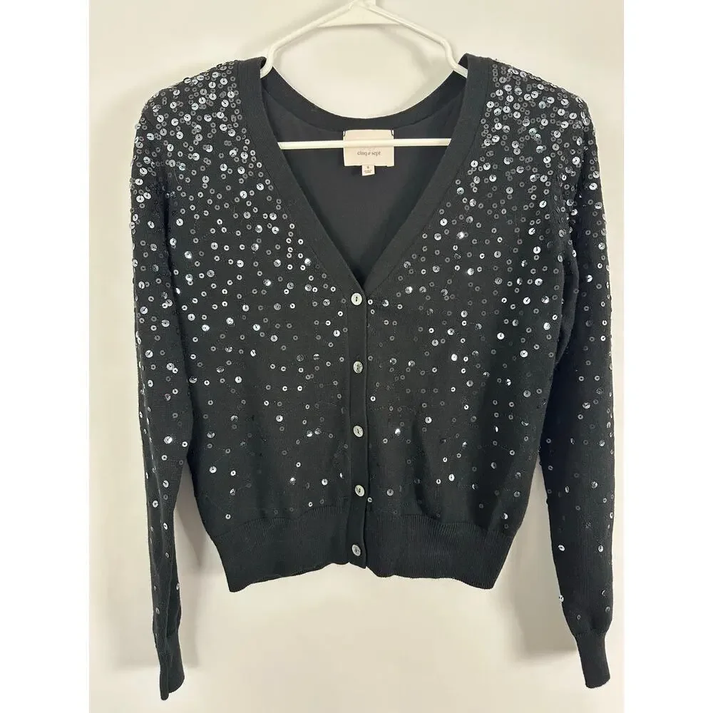 Cinq a Sept Nancy Sequin Cropped Cardigan Sweater Black Party Luxury Glam Small - Picture 9 of 9